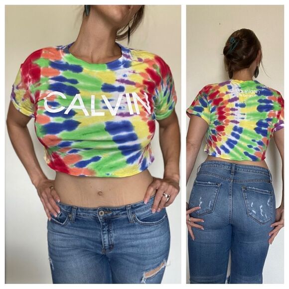 Calvin Klein Rainbow Crop Top Tie Dye Athleisure XS Oversized - Picture 2 of 12
